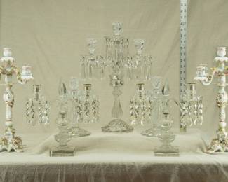 Antique hand painted porcelain and faceted crystal candlelabras