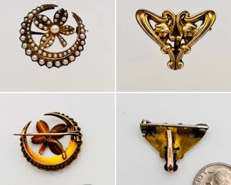 Charming antique wee brooches - one a crescent moon shape encircling a flower blossom, all set with seed pearls; the other an art nouveau beauty of two flowers, their stems swooping into a heart shape outline