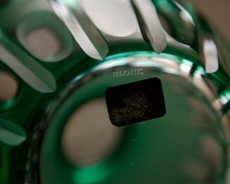 Closeup of the lovely crystal art glass vase, green cut to clear
