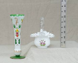 Lovely Cased Glass Vase in White cut to Green, and a Fenton Glass Company Milk Glass Basket with a Clear Handle