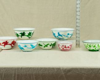 Peking Glass bowls with green, red, and blue designs of birds and flowers and dragonflies