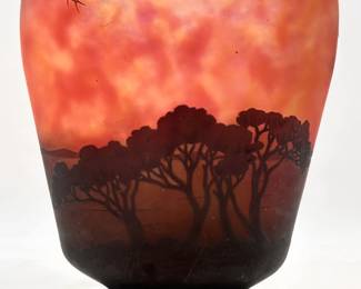 Another view of the Daum Nancy cameo glass vase decorated with sailboats on a lake seen through trees, in purple/black on an orange and yellow ground, acid etched, signed in cameo 'Daum Nancy' with the Croix de Lorraine mark