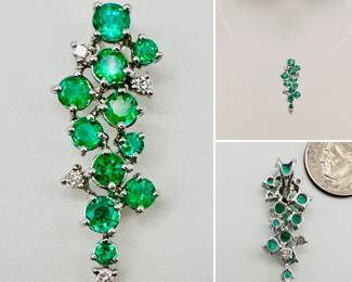 14k white gold pendant with emeralds and diamonds