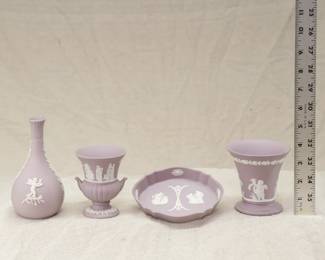 A group of Wedgwood, small, lilac jasperware vases and tray/dish.