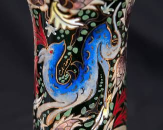 Closeup of fine vintage polychrome enameled and gilt art glass vase, stags in a forest setting, by Genis Cirera Casanovas (1890-1970), signed.