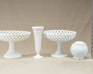 EAPG: A Challinor, Taylor and Company milk glass laticce work or basket weave footed compote, a Fostoria milk glass hexagon footed bud vase, a pressed glass milk glass open work footed compote with basket weave pattern on the pedestal attributed to Atterbury Glass Company, 1860-1902 (see matching piece in the National Museum of American History!), and a  Fenton milk glass daisy and button pattern lidded round box