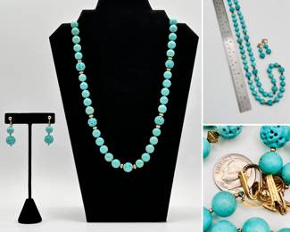 14kt Chinese carved turquoise beaded necklace and earrings set 