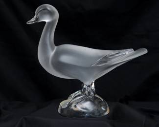 Another view of the signed Lalique France crystal duck, frosted and clear crystal glass