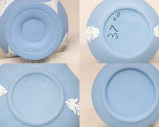 The bases of the group of Wedgewood lavender (pale blue) jasperware vases, 20th century. (Please note this photo includes an old price mark from when our client originally purchased the piece, and does not reflect the current sale price.)