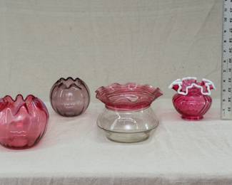 Various Antique Cranberry and Amethyst Glass Rose Bowls and Vases