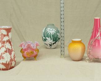 Art glass vases including a Phoenix Consolidated art glass vase, philodendron design white on coral ground, and an Imperial cameo glass vase