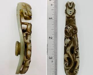 More views of the Chinese carved jade "dragon" belt hook, carved with a scroll form chilong facing a dragon head terminal