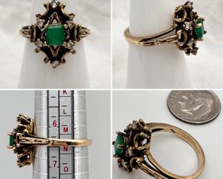An antique natural emerald and diamond ring set in 14-karat yellow gold