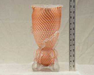 An astounding 12-inch-tall  Welz "zipper" art glass vase, white ground with rose and amber decoration, applied frosted feet that wrap upward in tendrils around the body, applied frosted edge to the crimped rim. First half 20th century.