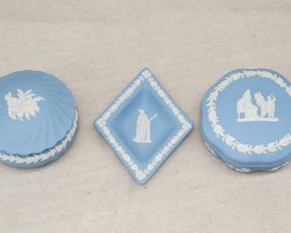 Another view of the two Wedgwood light blue jasperware lidded boxes along with a diamond shaped trinket dish