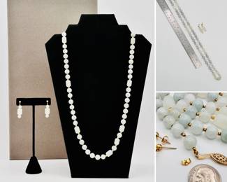 A lovely 14k yellow gold and carved jade beaded necklace and earrings set