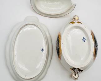 Another view of the three piece Worcester Porcelain (Flight) lidded sauce tureen with stand from the ‘Hope service’ circa 1792, signed with blue crowned script Flight and open crescent marks, painted by John Pennington.