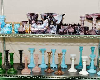 More Antique Slag Glass in Various Colors, and Large Collection of Antique Glass Candlesticks