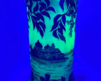 Another view under black light: A J. Michel Paris cameo glass landscape vase circa 1925, uranium glass, beautifully overlaid and acid etched with sailing boats and gondolas (Venice?) in lagoon, seen through wisteria vines; signed in cameo J. Michel Paris