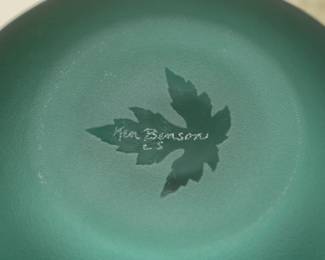 Closeup of the signed Ken Benson LS for Pilgrim Glass Works cameo art glass vase, maple leaf motif in deep green color