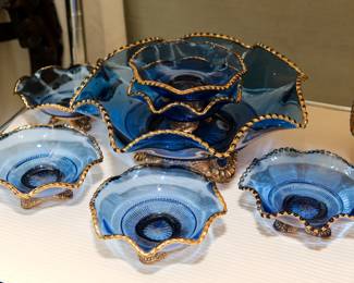 EAPG Cobalt Blue Colorado Pattern Footed Berry Bowl Set.