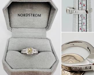 Substantial 18k white gold ring with bezel set princess cut yellow diamond flanked with white diamonds