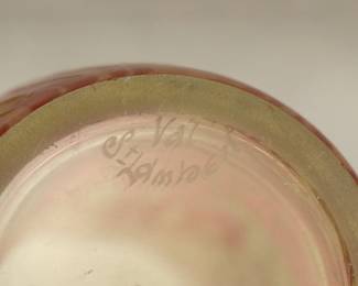 Closeup of the base of the French art glass by Val St. Lambert, circa 1897, acid etched cameo glass in delicate seaweed motif.