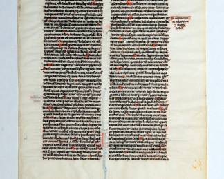 Illuminated manuscript page from a "Leber Bible," circa 1230-1240. "Ordinary Leaves No. 2 Folio 447, interesting flourishes top recto of text." Verso has prologue to Daniel, recto has "Daniel in the Lion's Den". Bible crafted in the Leber Atelier, Paris, circa 1230-1240.