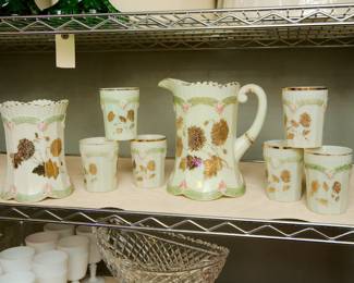 Northwood Chrysanthemum Sprig Water Set and Celery Vase in Custard Glass, Original Decoration in Excellent Condition!  Two pieces are black light reactive uranium glass!