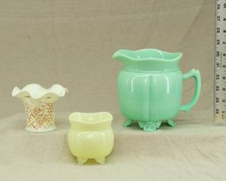 Uranium glass including an antique Northwood custard glass Grape Arbor pattern vase, and a Tarentum Glass Co Georgia Gem pattern jadeite creamer 