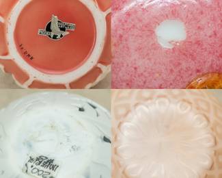 (Please note this photo includes an old price tag from when our client originally purchased the piece, and does not reflect the current sale price.) Closeups of art glass vases including a Phoenix Consolidated art glass vase, philodendron design white on coral ground, and an Imperial cameo glass vase