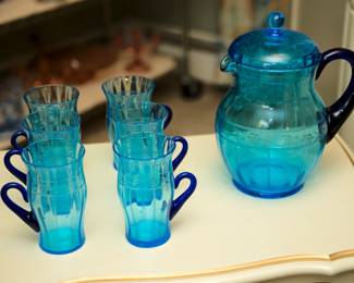 1920's Antique Fenton Glass etched blue glass water or lemonade lidded pitcher and six handled tumblers