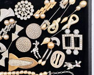 More Art Deco rhinestone brooches and pins, celluloid stick pins, and rhinestone shoe buckles 