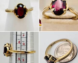 An oval rhodolite garnet ring in 14-karat yellow gold.
