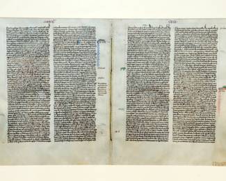 Closer view of the framed leaves from a Leber Atelier Bible circa 1240, Book of Kings IV - Ch 15-17