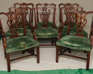 Lovely Set of Eight Chippendale Style Dining Chairs with Vintage Green Mohair seats.  Solid and Ready for New Upholstery!