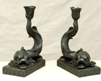 Another view of the pair of Wedgwood black basalt dolphin candlestick holders, impressed "Wedgwood" signature to the underside