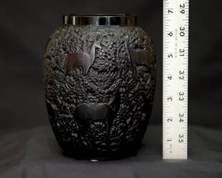 A closer look at the signed Lalique France 'Biches' deer vase in black crystal glass, with original box