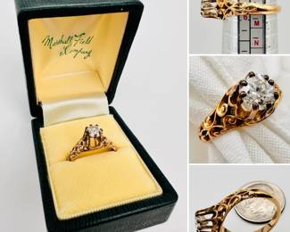18k yellow gold and diamond ring in original Marshall Field & Company box