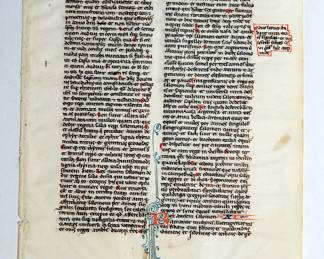 A leaf from a 13th Century Latin Bible, "Ordinary Leaf No. 6, Folio 126 Kings III, example with double tailed rubrication." Made by a French workshop known as the Leber Group, in Paris, circa 1230-1240. Ink and tempera on vellum.