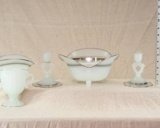 A rare Beaumont Glass console set, opaque glass with silver decoration, their Fer-lux color:  a fan-shaped vase, console bowl on raised feet, and a pair of keyhole candlesticks. American art glass from the 1930s.