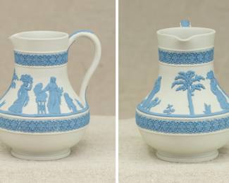 More views of the vintage Wedgwood reverse colors jasper "Etruscan" style jug, cream color body with blue applied Grecian mythological figures in the "sacrifice to Cerus" motif between two bands of blue arabesques. 20th century.