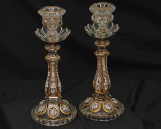 Another view of the pair of antique French Baccarat crystal medallion pattern white enameled and gilded candlestick holders
