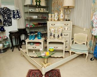 Wonderful Old Drexel Bedroom Set in a Painted French Country Style including Nightstands, Queen Size Bed, Highboy, and a Low Long Dresser, with Matching Fauteuil Chair