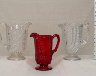 Pattern Glass Water Pitchers including a lovely vintage Westmoreland Glass paneled grape ruby red pitcher 8-3/4 inches tall