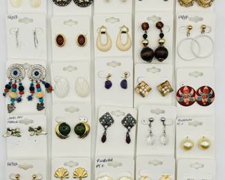 Vintage fashion earrings from Napier, Richelieu, and more - some sterling silver, some with bead dangles and hoops, faceted crystals, enameled colors, and faux pearls