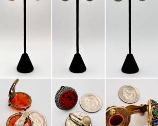 Sterling silver and carved red hard stone earrings, a vintage pair of Chinese carved cinnabar earrings, and a pair of cabochon hard stone, filigree metal and enamel clip earrings