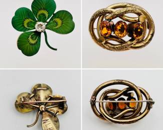 Antique lucky clover brooch, enameled metal, and an antique Scottish pebble jewelry love knot brooch or kilt pin set with three faceted golden citrines 
