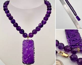 Fabulous vintage Chinese amethyst bead and carved pendant necklace consisting of facet cut amethyst beads with a rectangular pendant with a finely carved dragon on the front. It has 14k gold lobster claw catch, bail and fittings.