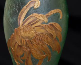 Closeup of the breathtaking 15-inch high antique French art glass vase - a large Mont Joye Legras green glass vase enameled with a graceful chrysanthemum, acid etched surface, with Mont Joye L C mark on the base. Art Nouveau beauty.